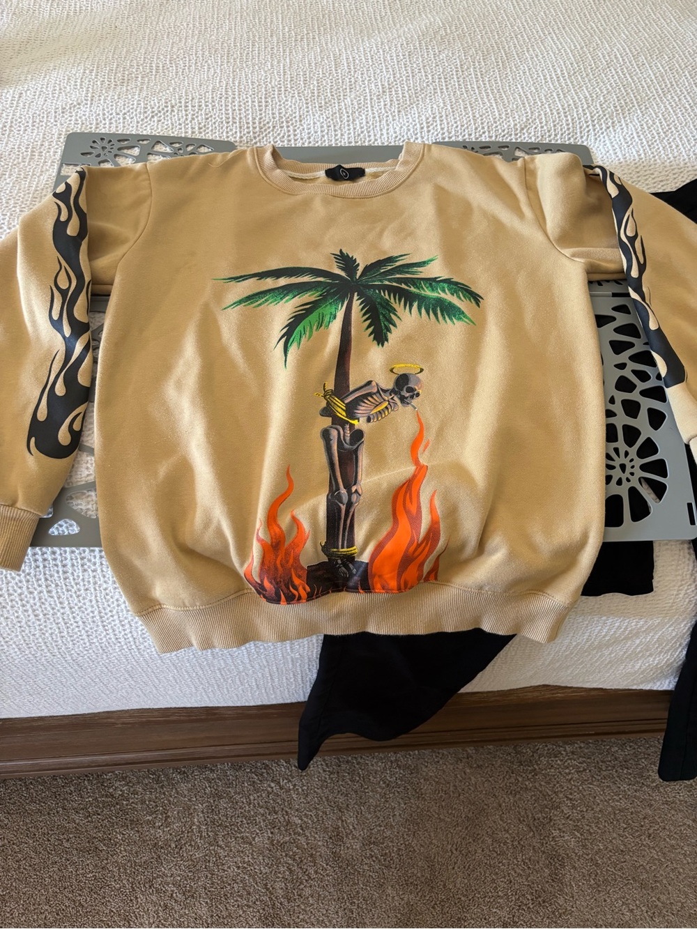 Palm Angels Beige Crewneck with Palm Tree & Flame Graphic